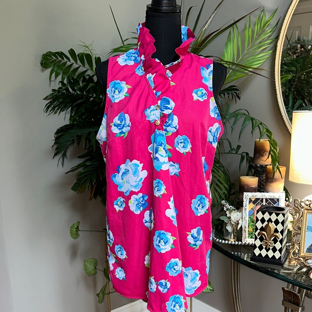 Mud Pie Vibrant Pink Blouse with Blue Floral Pattern